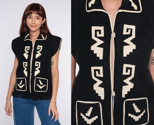 90s Black Southwestern Geometric Vest Collared Zip Front Medium M