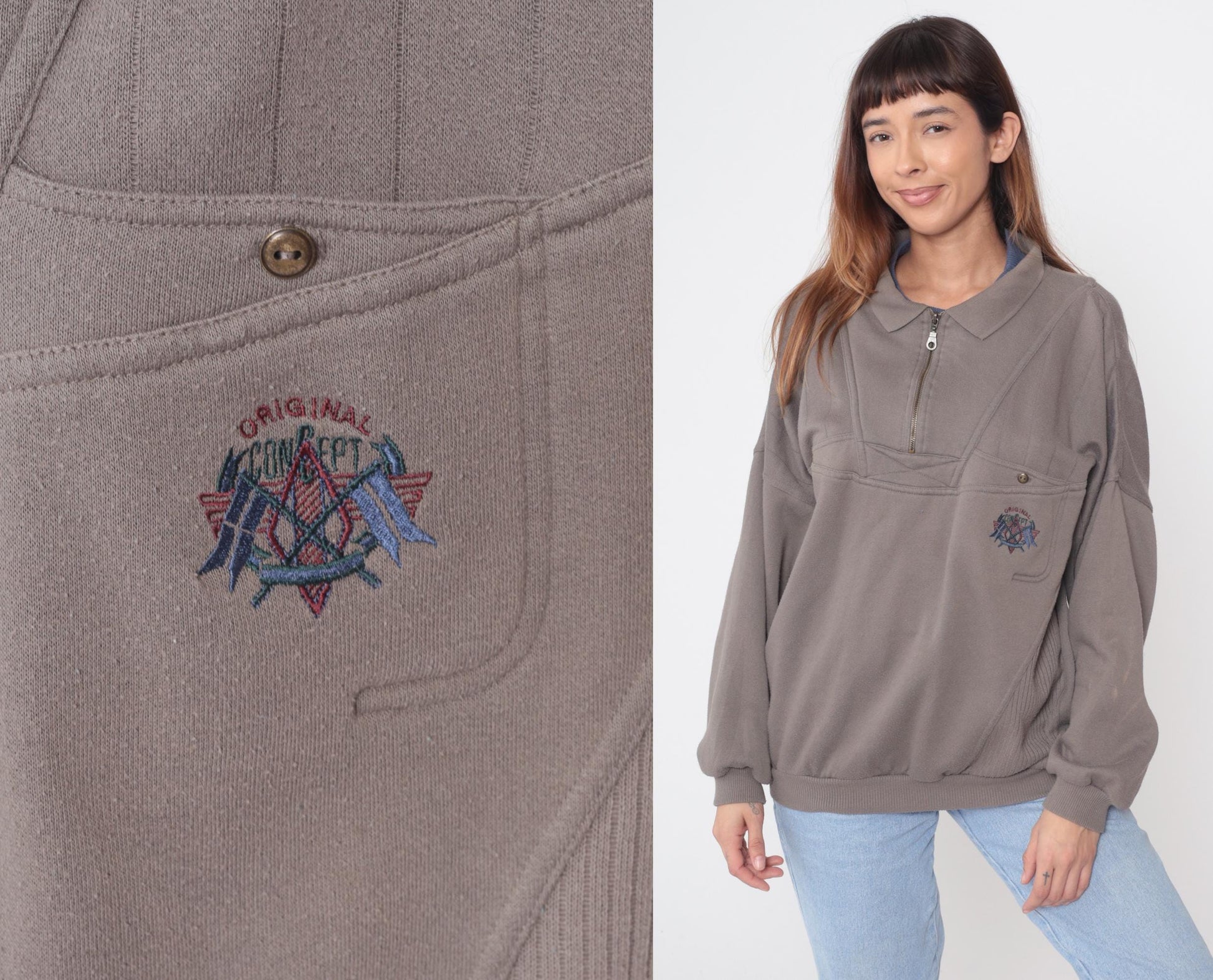 90s Todays News Half Zip Sweatshirt Taupe Embroidered Logo Large L