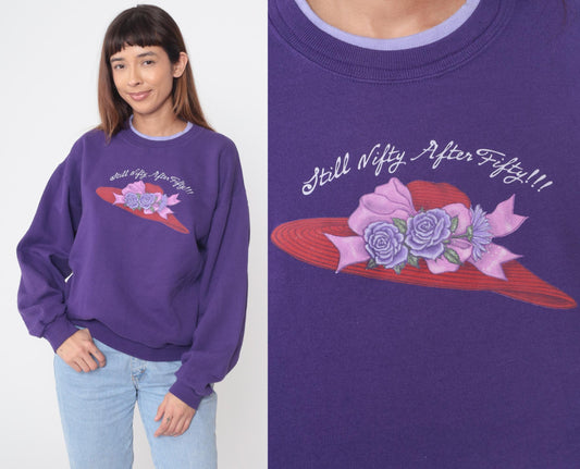 90s Morning Sun Purple Sweatshirt Red Hat Lady Graphic Crewneck Medium M