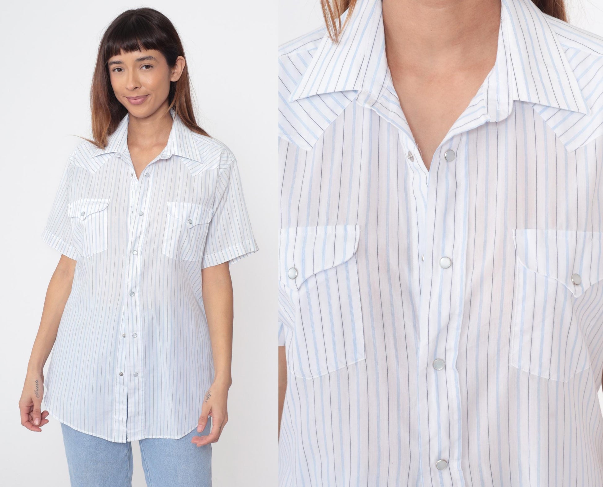 80s Panhandle Slim Western Shirt Blue Pinstripe Short Sleeve Large