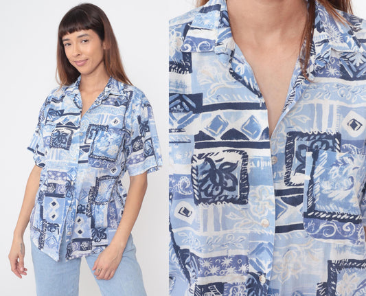 90s Casey & Max Blue Patchwork Shirt Geometric Floral Abstract Print Medium