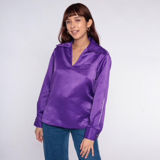 70s Daels Hawaii Purple Satin Polo Shirt Mustang Lightning Embroidered Small