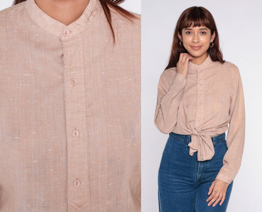 70s Mar Vista Cream Button-Up Blouse Band Collar Long Sleeve Medium