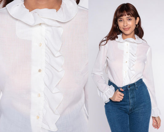 70s Fritzi White Ruffled Collar Cotton Blouse Medium M