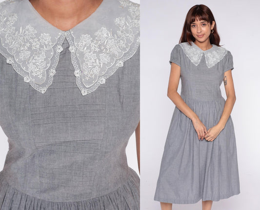 80s Grey Maxi Dress White Lace Collar Puff Sleeve Pintuck Medium M