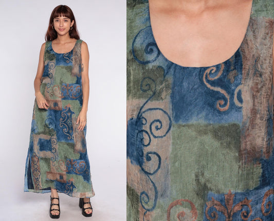 90s Nina Piccaino Patchwork Maxi Dress Sleeveless Blue Green Tan Medium
