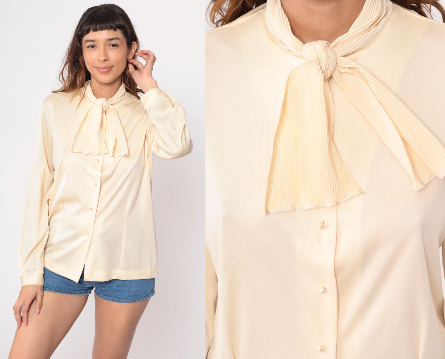 80s Perception Cream Pussy Bow Blouse Long Sleeve Button-Up Medium M