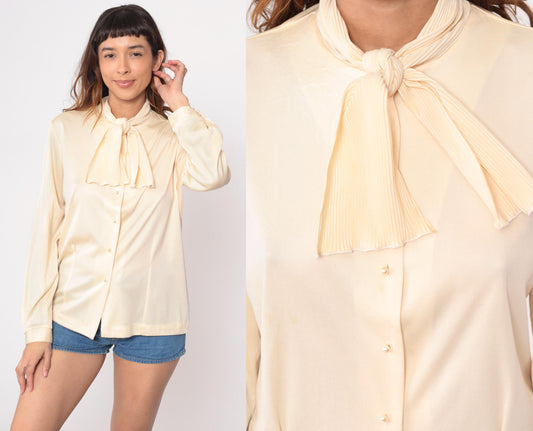 80s Perception Cream Pussy Bow Blouse Long Sleeve Button-Up Medium M