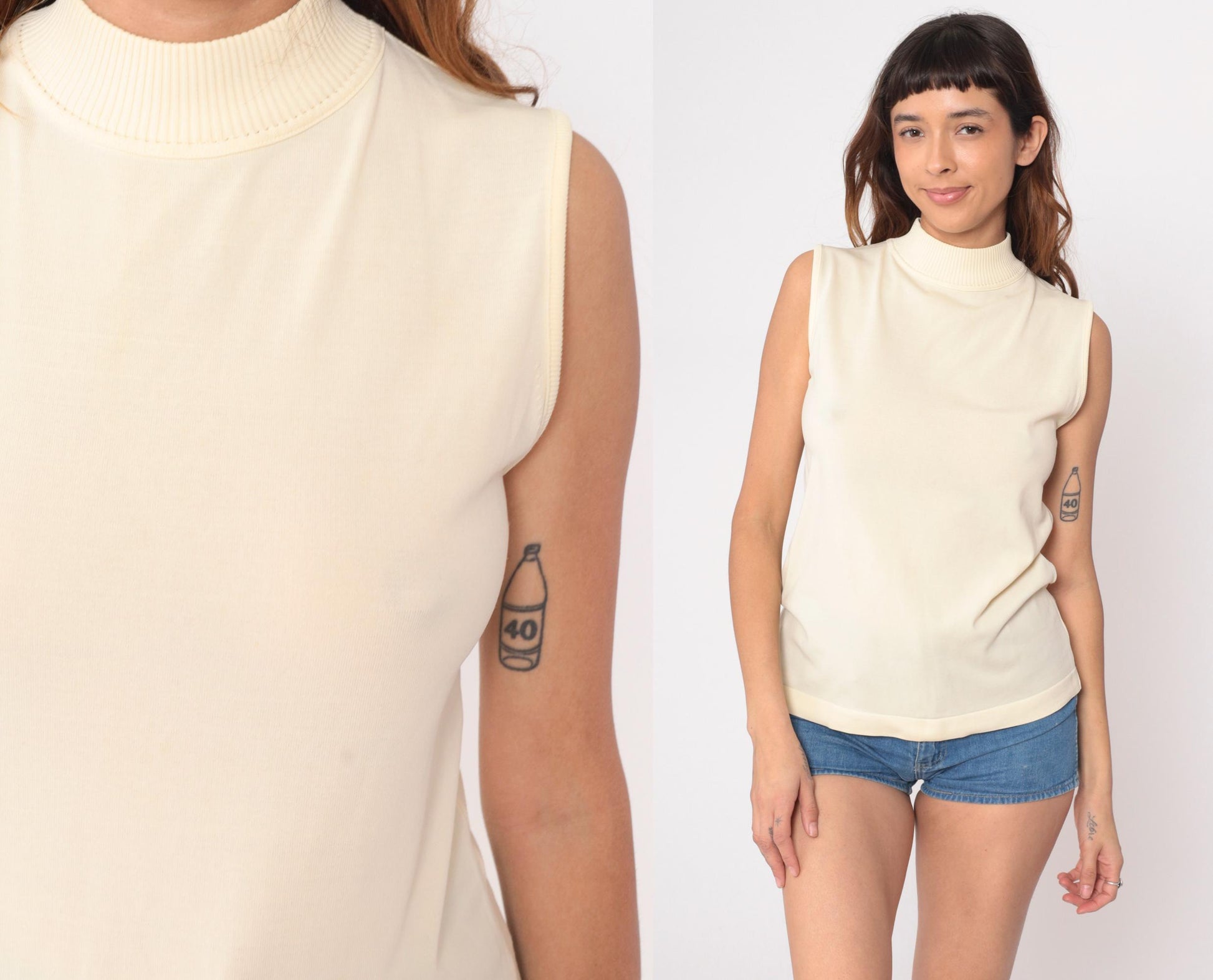 70s Cream Sleeveless Turtleneck Knit Shell Tank Top Small