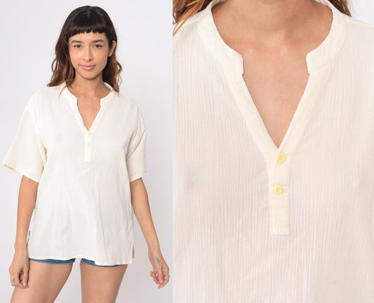 80s Cream Henley Short Sleeve V-Neck Top Cotton Blend Large L