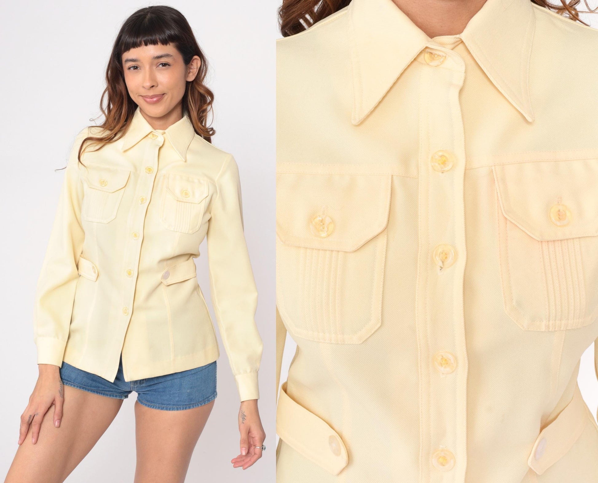 70s Yellow Safari Shirt Dagger Collar Button-Up Fitted Blouse Small