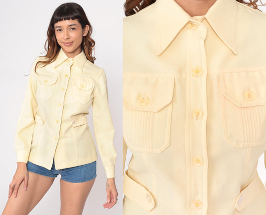 70s Yellow Safari Shirt Dagger Collar Button-Up Fitted Blouse Small