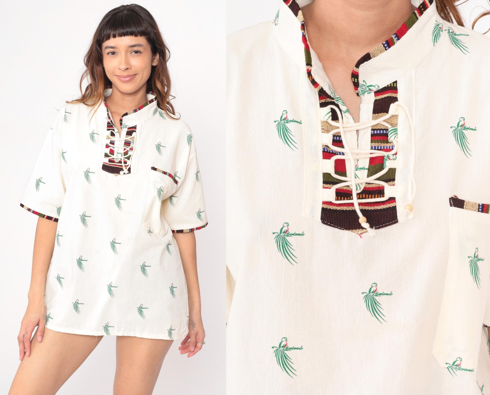 Y2K Guatemala Quetzal Bird Print Lace-Up Tunic Cream Cotton Short Sleeve Large L