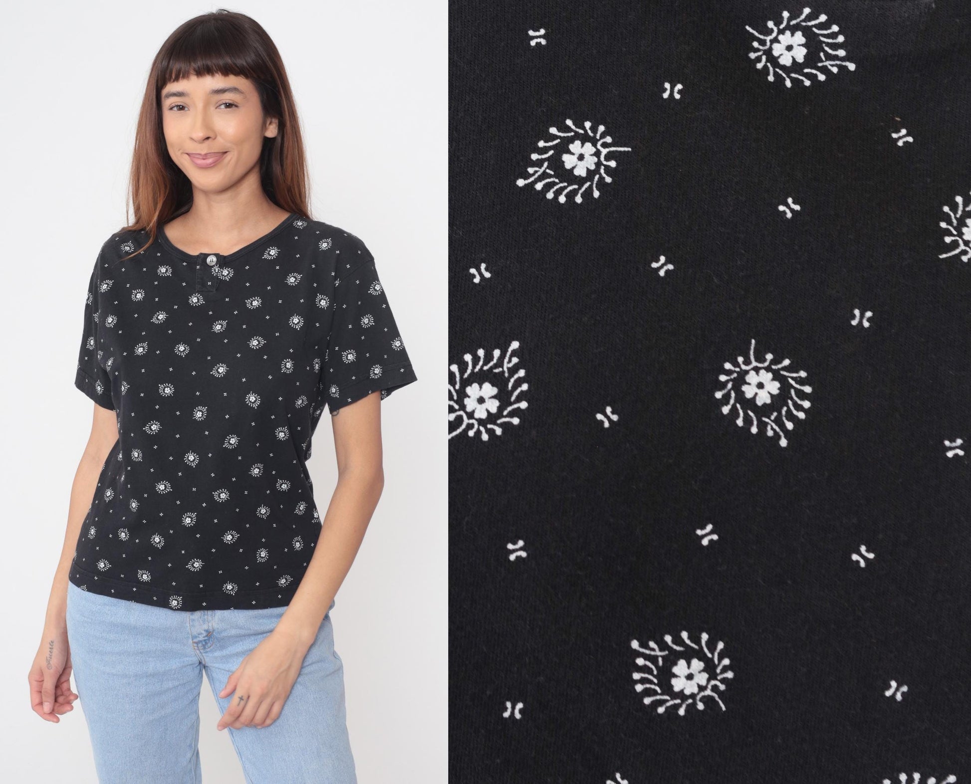 90s Liz Sport Floral Henley Top Black White Flowers Butterflies Small
