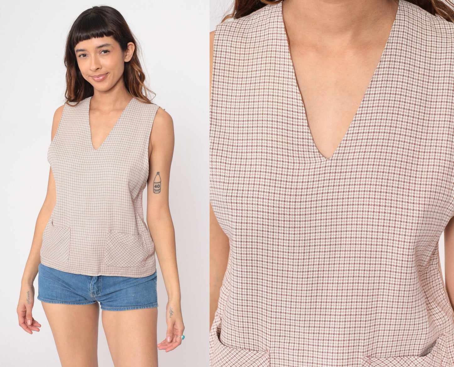 70s Campus Sportswear Cream Ribbed Knit Vest Houndstooth Trim Small
