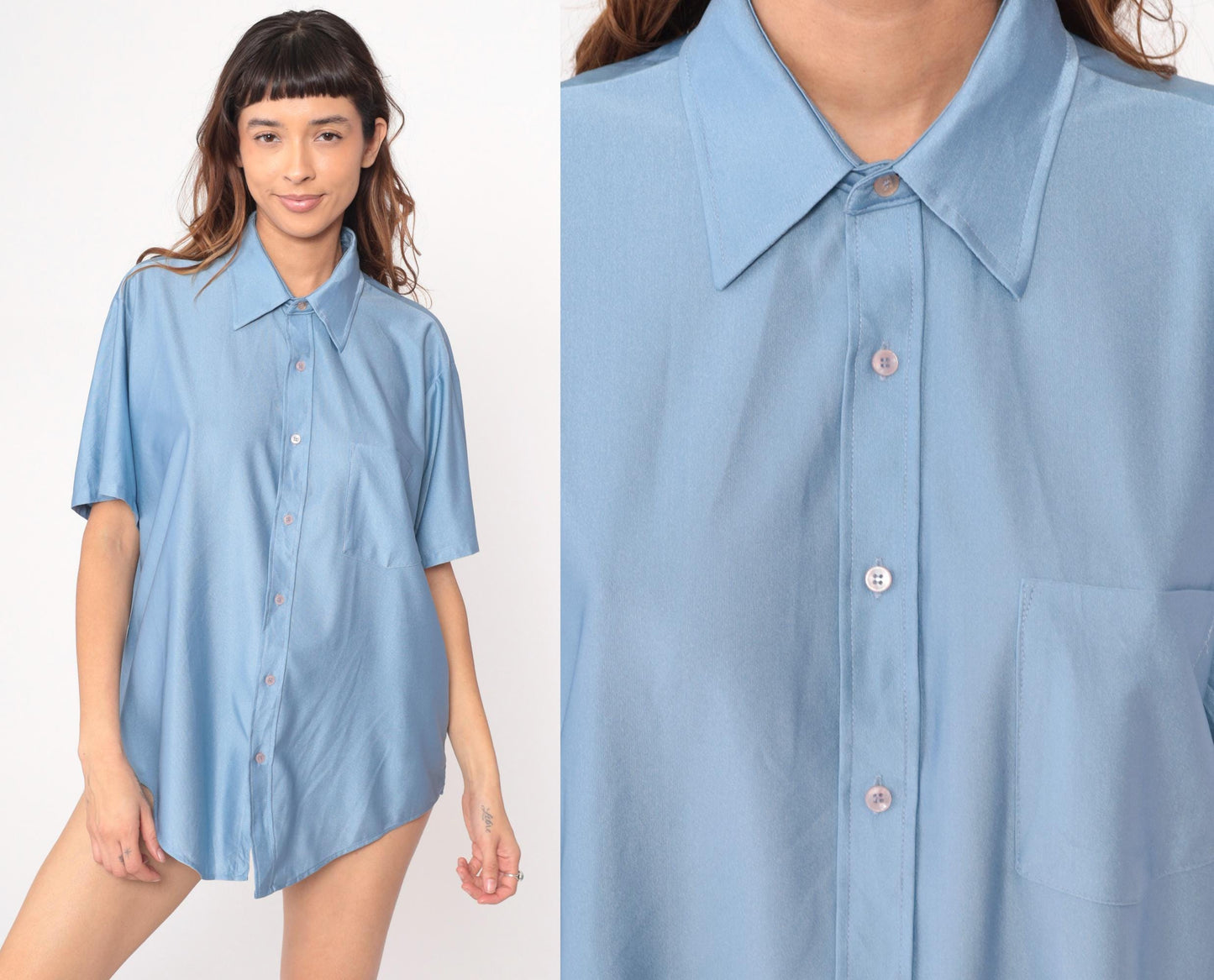 70s Van Heusen Light Blue Button-Front Shirt Short Sleeve Pointed Collar Extra Large