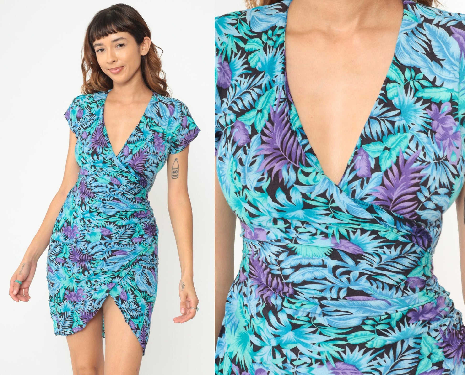 90s Tropical Floral Wrap Dress Turquoise Purple Rayon Mini XS