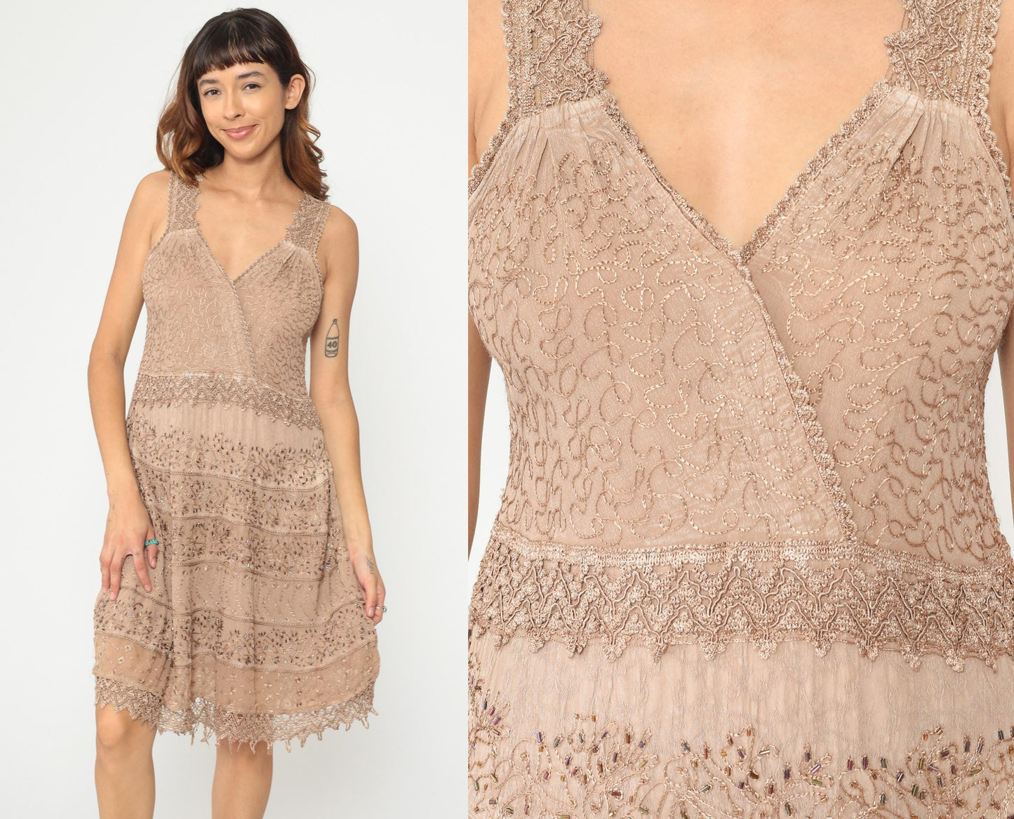 Y2K Beige Beaded Lace Midi Dress V-Neck Tiered Scalloped Hem Large