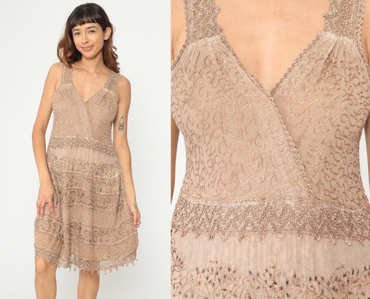 Y2K Beige Beaded Lace Midi Dress V-Neck Tiered Scalloped Hem Large