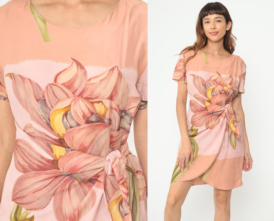 90s KC Spencer Floral Mini Dress Amaryllis Print Wrap Tie Waist Peach Medium