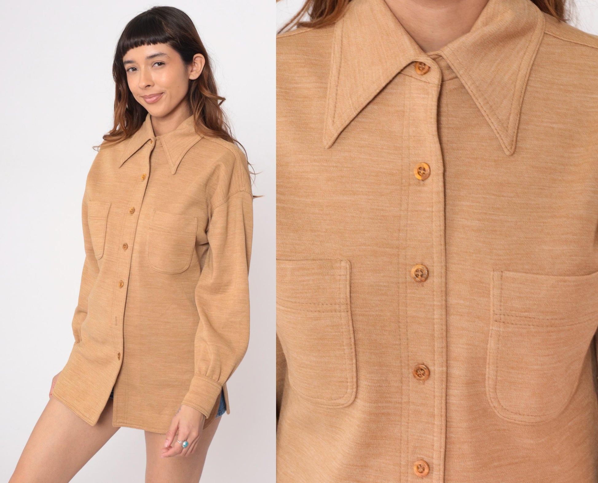 70s Act III Wool Shirt Tan Button Front Collared Tunic Large L
