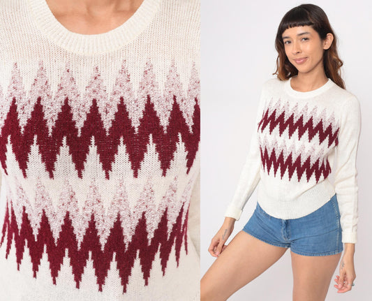 80s Cream Sweater Burgundy Mauve Diamond Geometric Crew Neck Small S