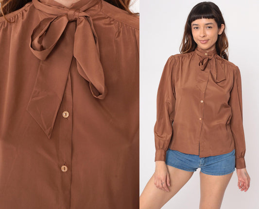 80s Brown Pussy Bow Blouse Long Sleeve Button Front Office Shirt Medium