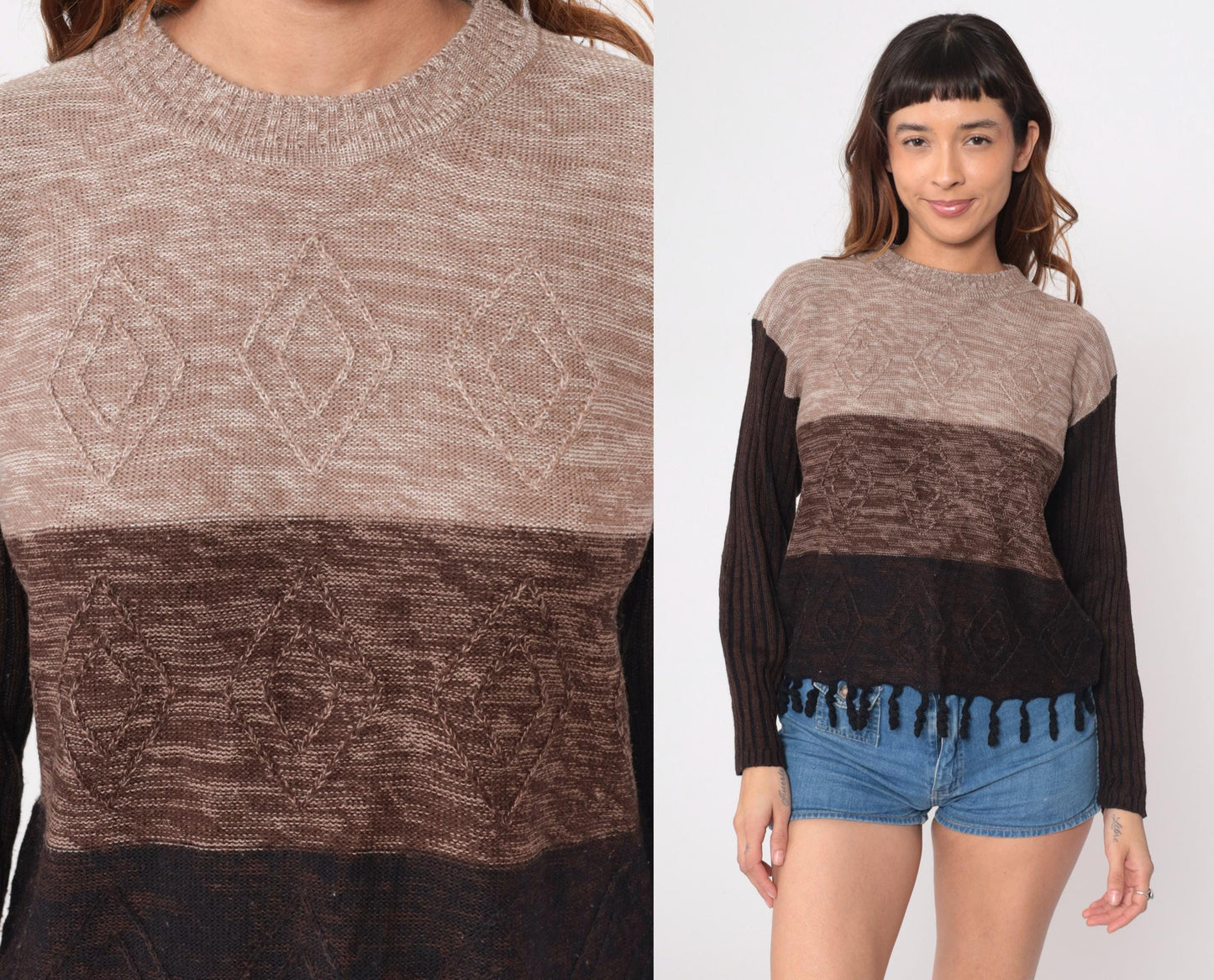 90s Color Block Striped Knit Sweater Brown Tan Fringe Hem Medium M