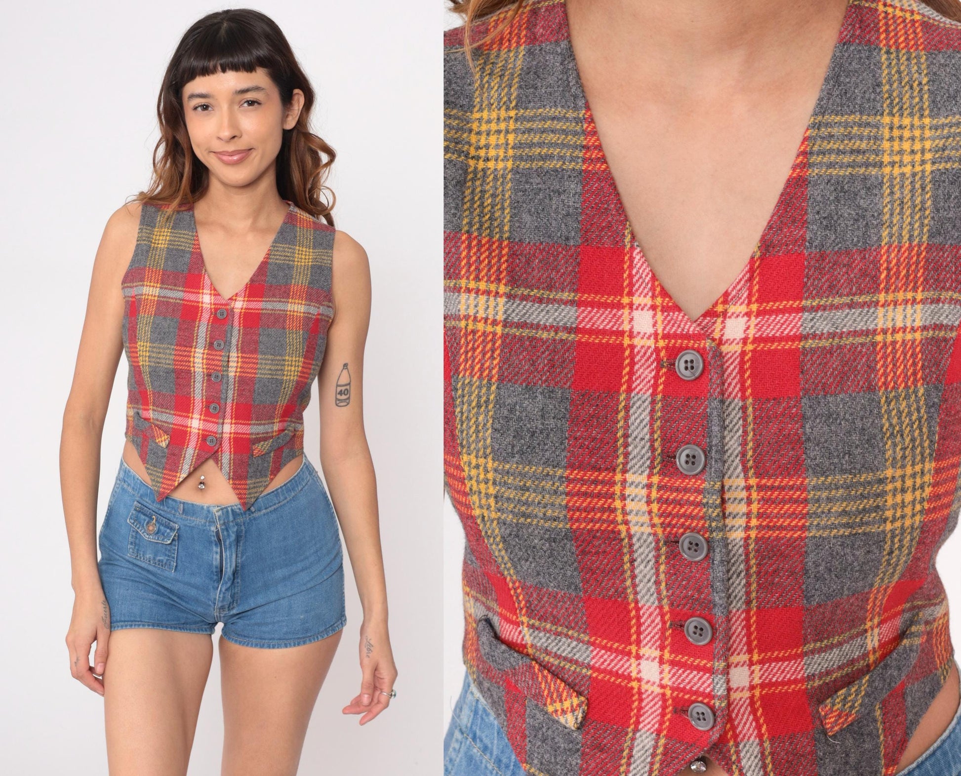 70s Bobbie Brooks Plaid Wool Vest Red Grey Gold V-Neck Extra Small XS