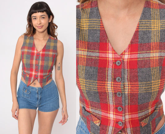 70s Bobbie Brooks Plaid Wool Vest Red Grey Gold V-Neck Extra Small XS