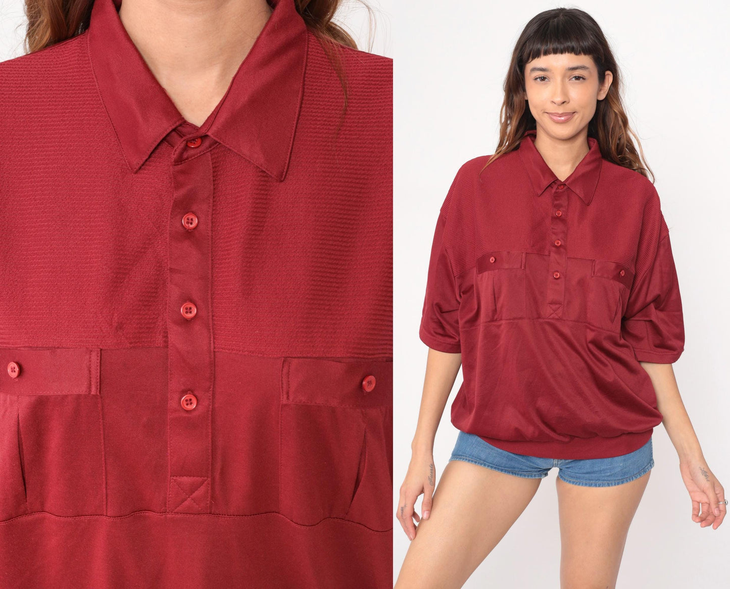 80s Burgundy Polo Shirt Classics by Palmland Button Front Cotton Extra Large XL