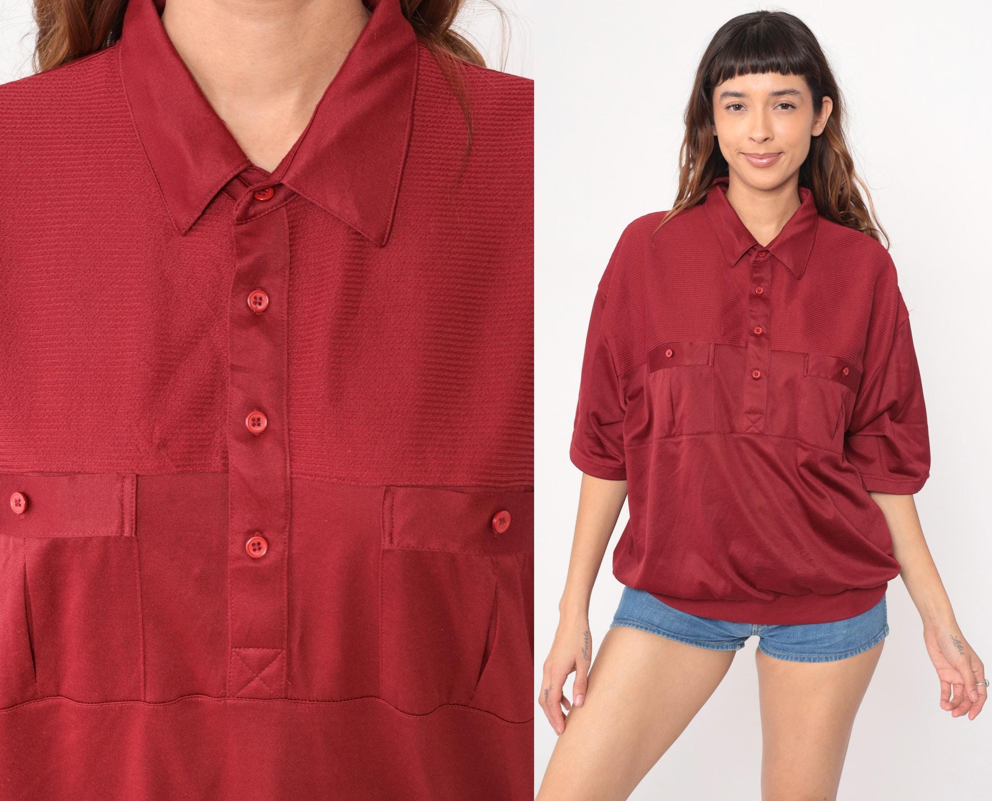 80s Burgundy Polo Shirt Classics by Palmland Button Front Cotton Extra Large XL