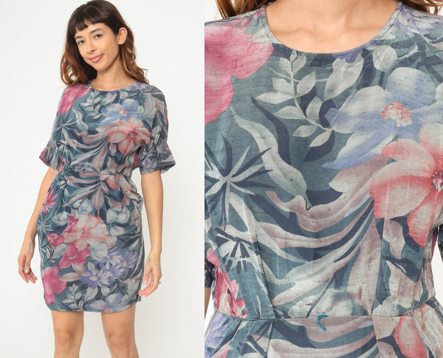 90s Watercolor Floral Mini Dress Teal Pink Rayon Flutter Sleeve Medium M