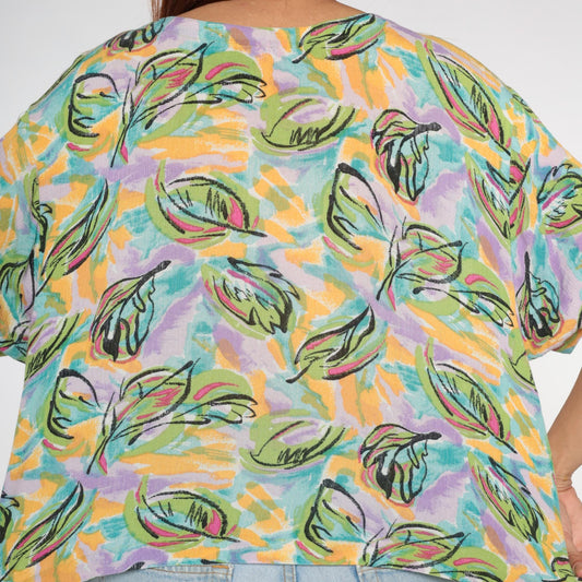 90s Forenza Tropical Leaf Print Button-Up Blouse Short Sleeve Medium M