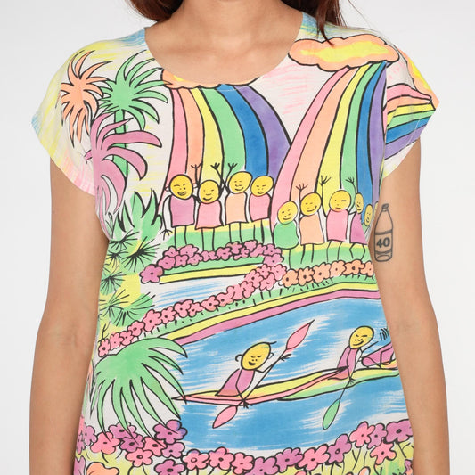 90s Rainbow Tropical Waterfall T-Shirt Cotton Graphic Tee Medium M