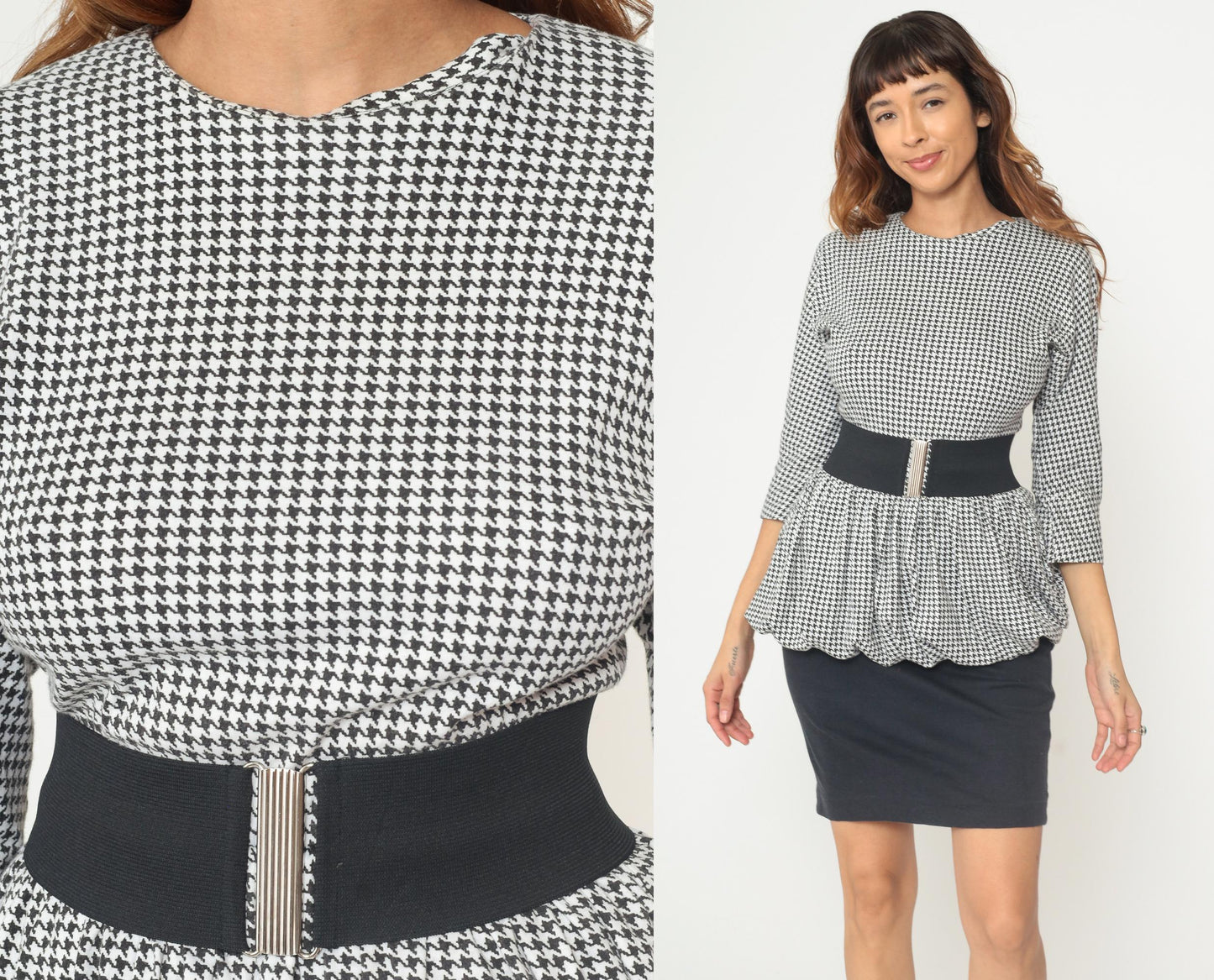 80s Houndstooth Mini Dress Black White Peplum Three Quarter Sleeve Small S