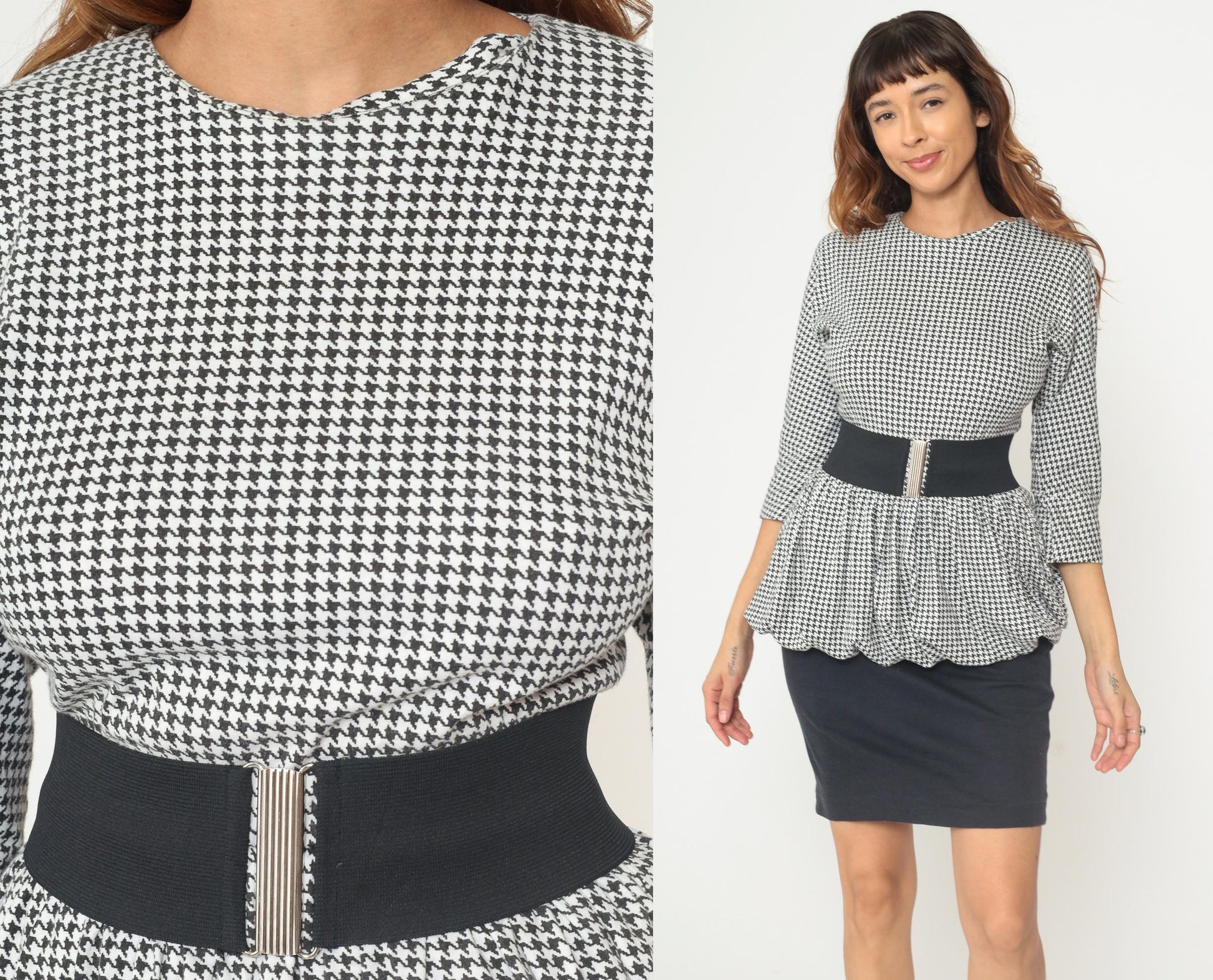 80s Houndstooth Mini Dress Black White Peplum Three Quarter Sleeve Small S
