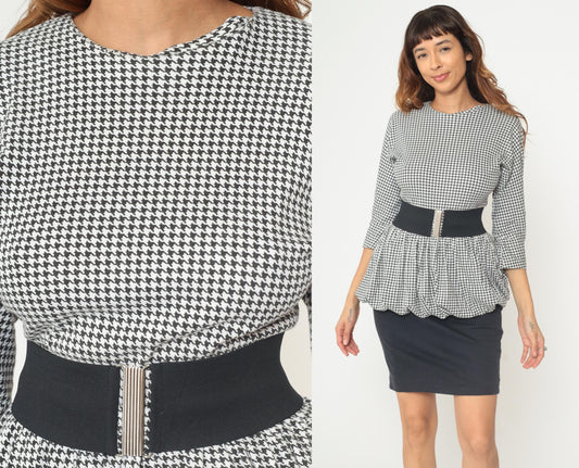 80s Houndstooth Mini Dress Black White Peplum Three Quarter Sleeve Small S
