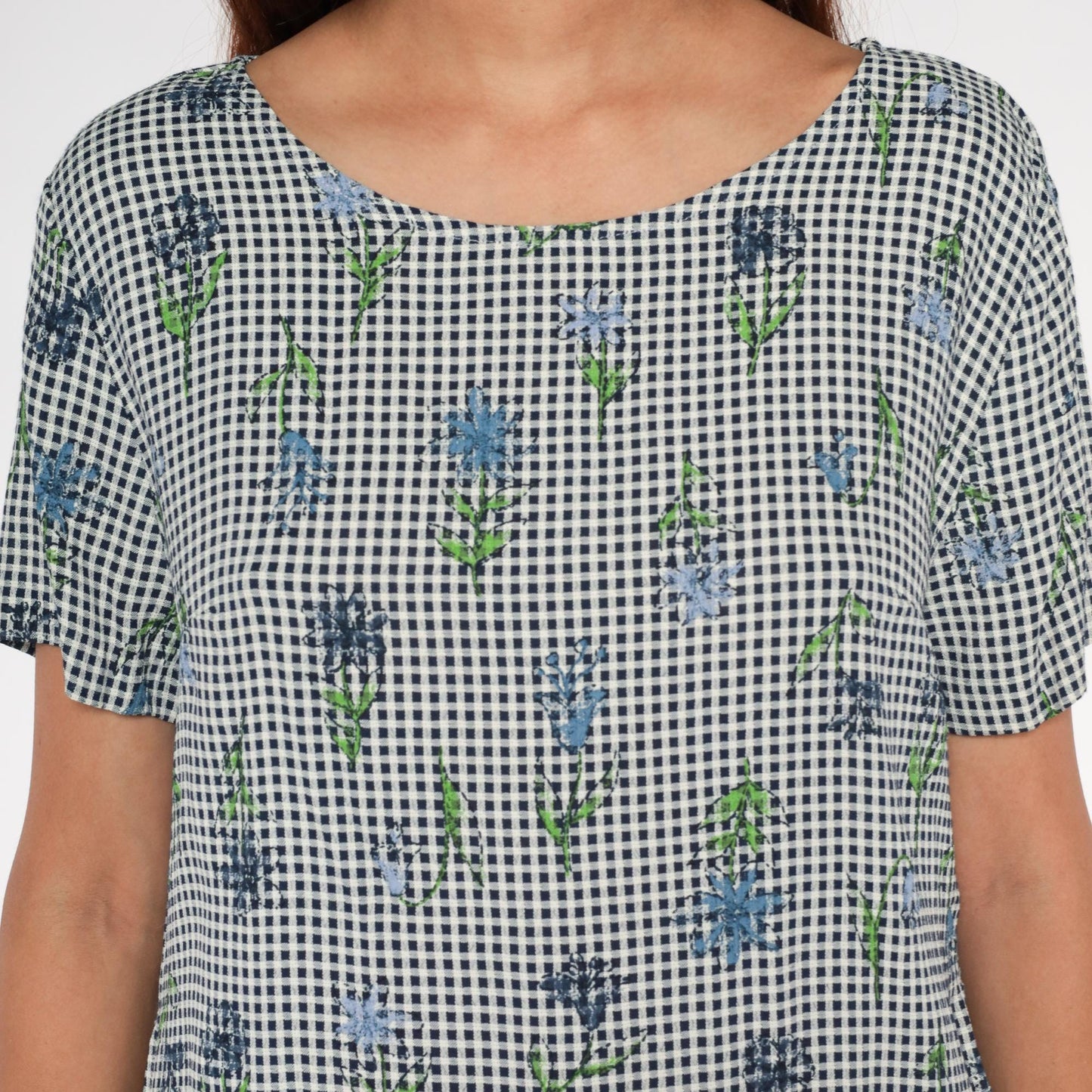 90s Jadyn T Gingham Tunic Black White Floral Embroidered Small