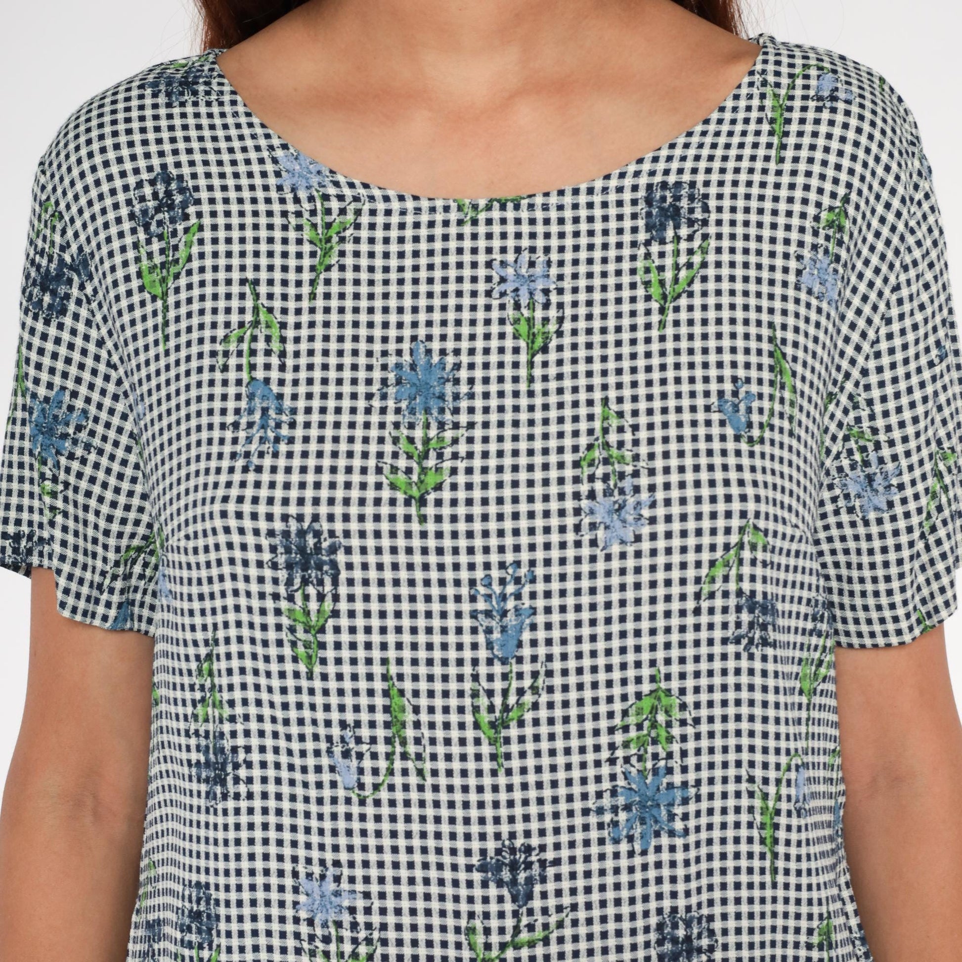 90s Jadyn T Gingham Tunic Black White Floral Embroidered Small