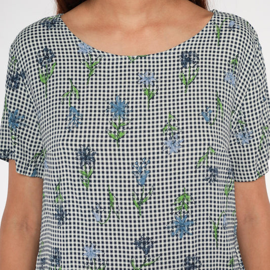 90s Jadyn T Gingham Tunic Black White Floral Embroidered Small