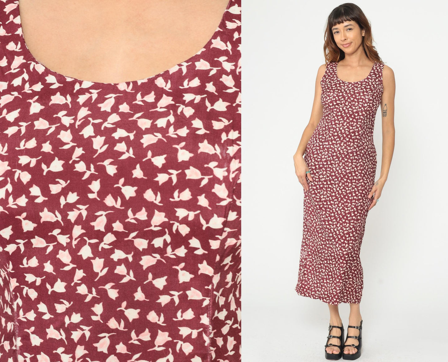 90s Burgundy Floral Midi Dress Rayon Sleeveless Scoop Neck Medium
