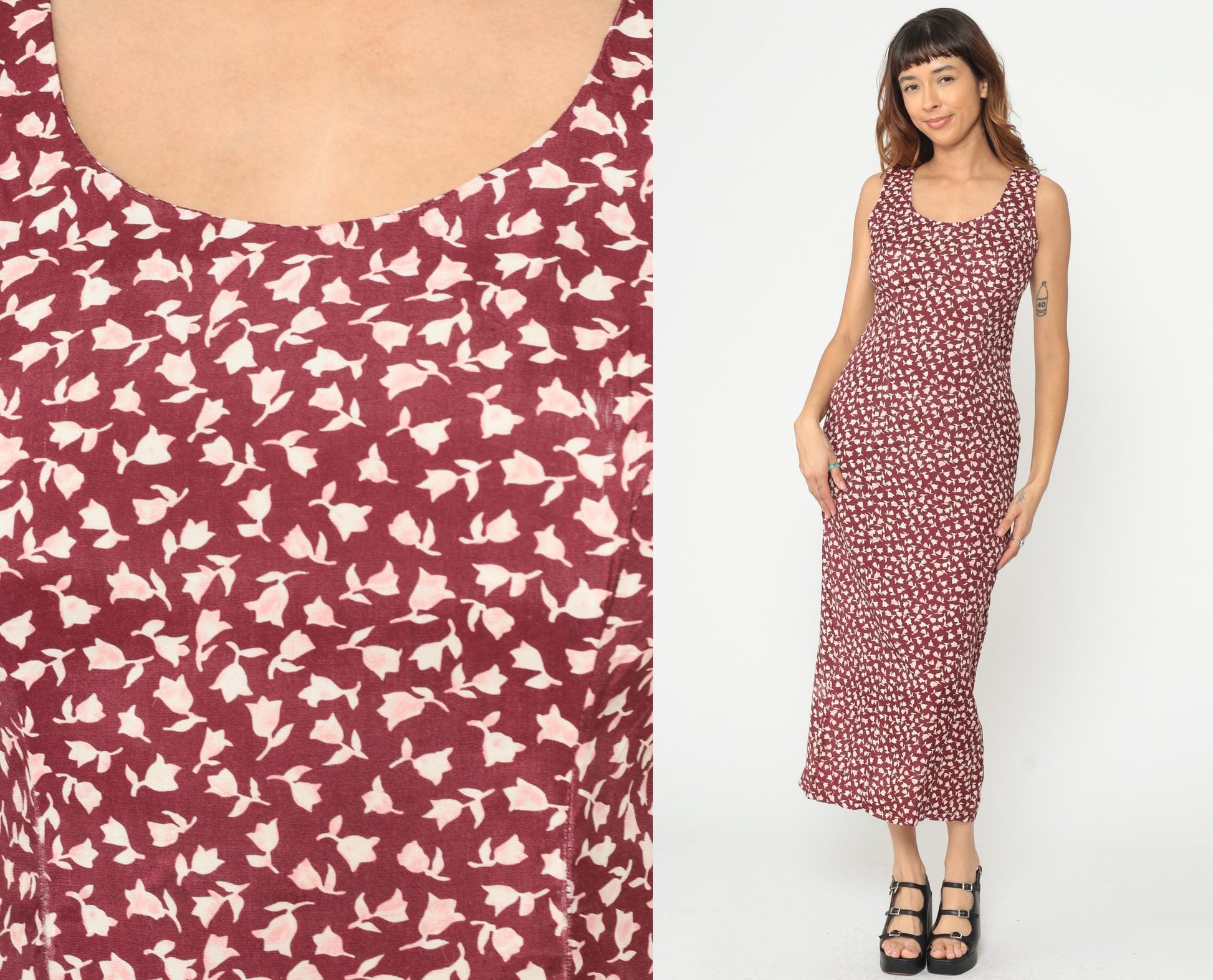 90s Burgundy Floral Midi Dress Rayon Sleeveless Scoop Neck Medium
