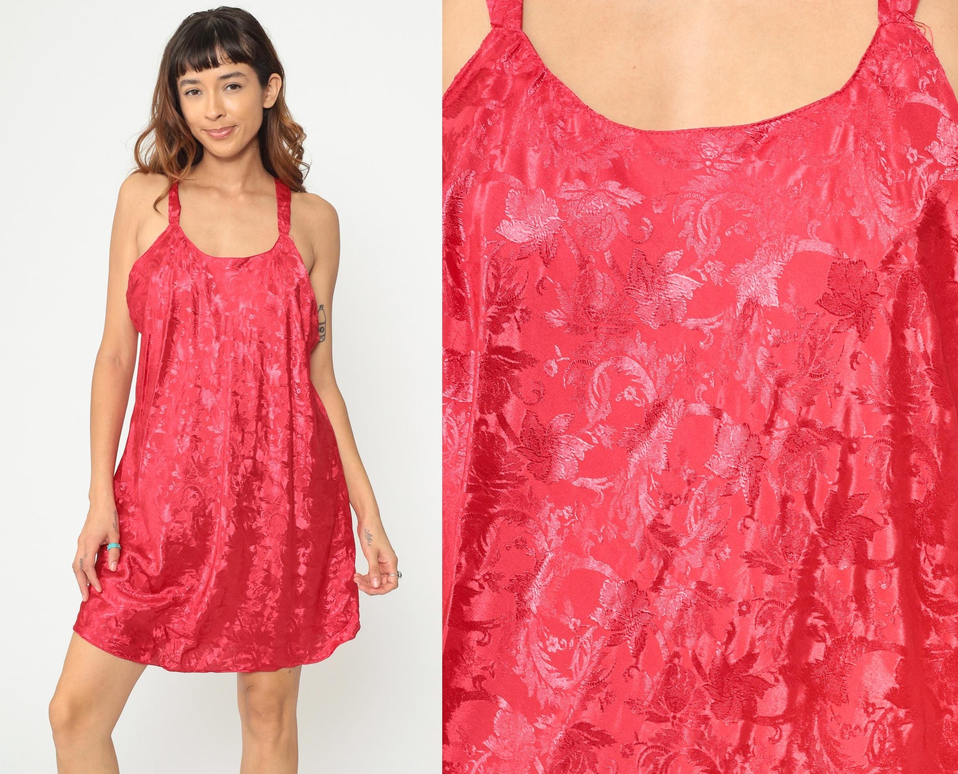 90s Red Slip Dress Embossed Floral Racerback Mini Plus Size XXL