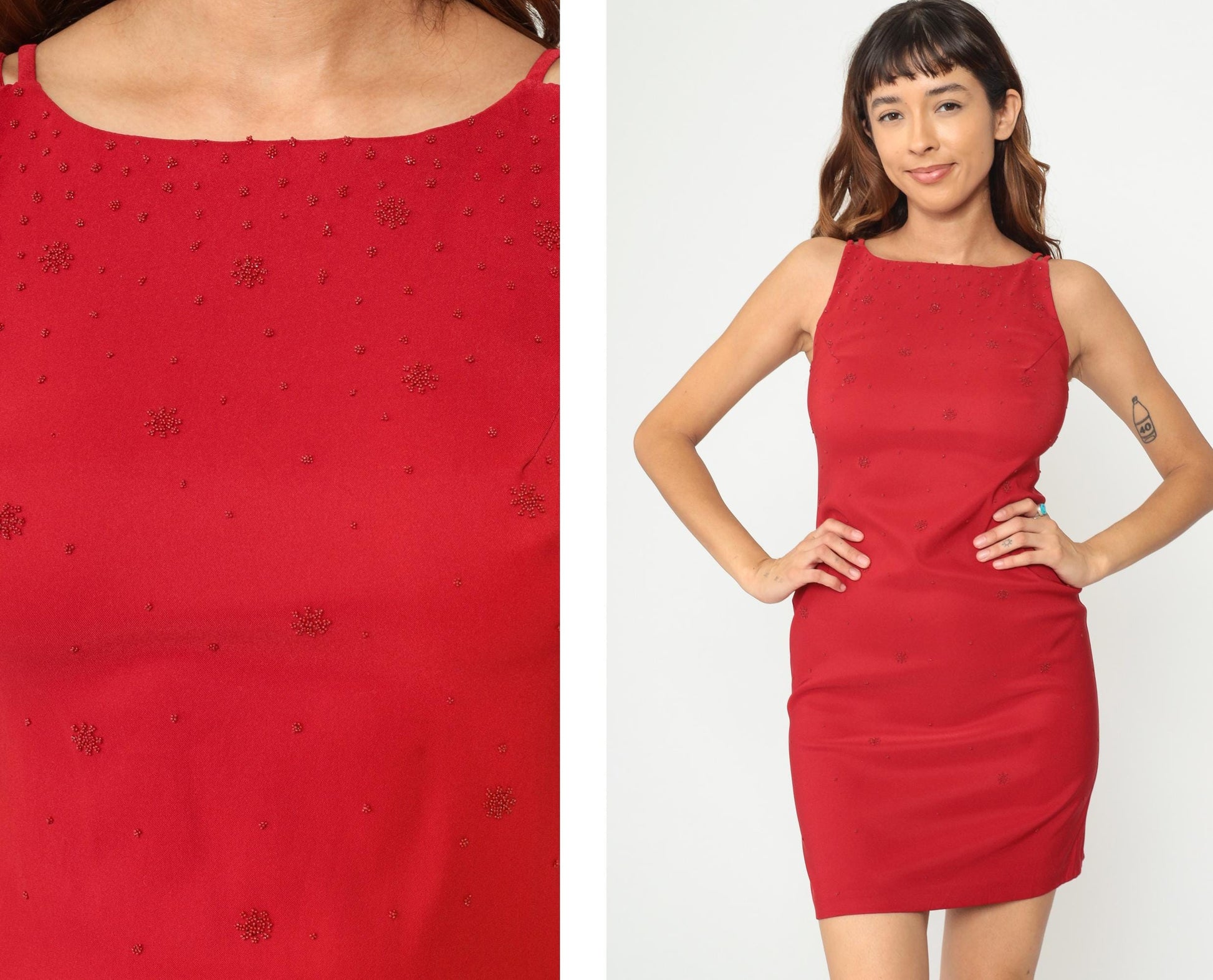 90s Red Mini Dress Beaded Bodycon Sleeveless Scoop Neck Small S