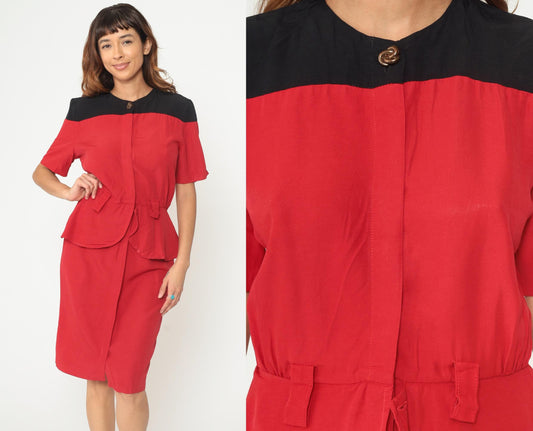 90s Color Block Midi Dress Red Black Peplum Button Front Short Sleeve Medium