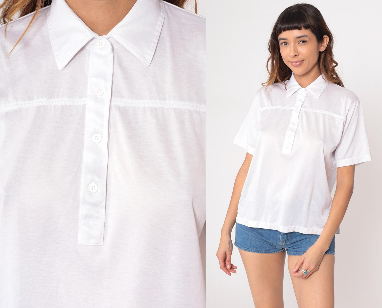 90s White Collared Polo Shirt Short Sleeve Chest Pocket Large L