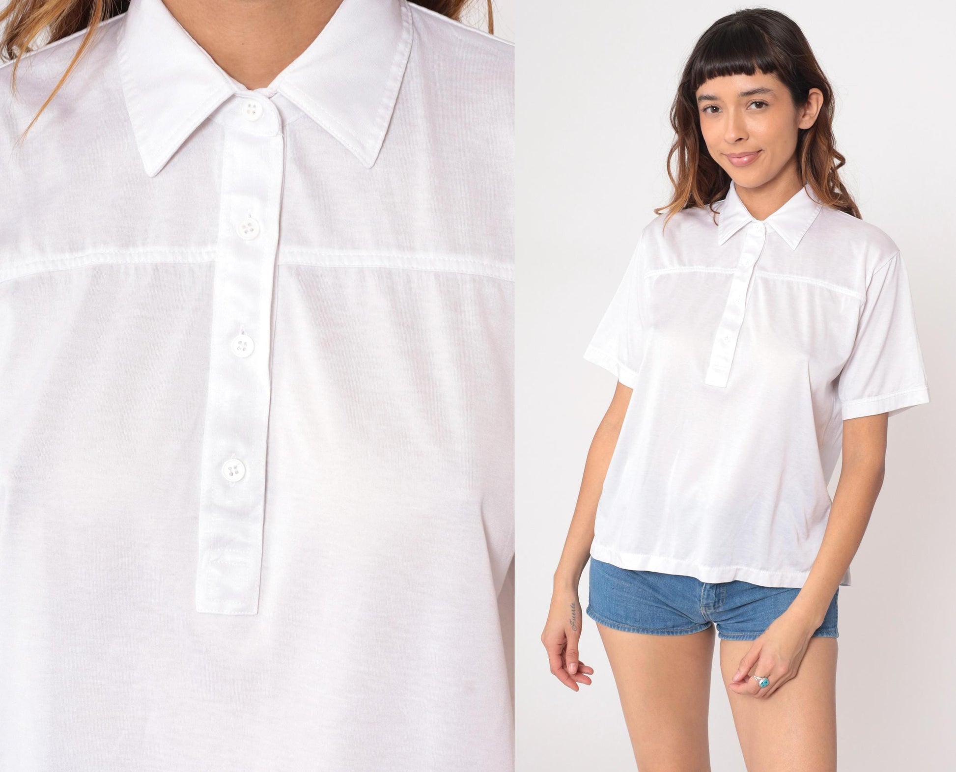 90s White Collared Polo Shirt Short Sleeve Chest Pocket Large L