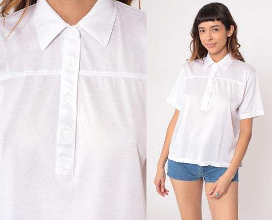 90s White Collared Polo Shirt Short Sleeve Chest Pocket Large L