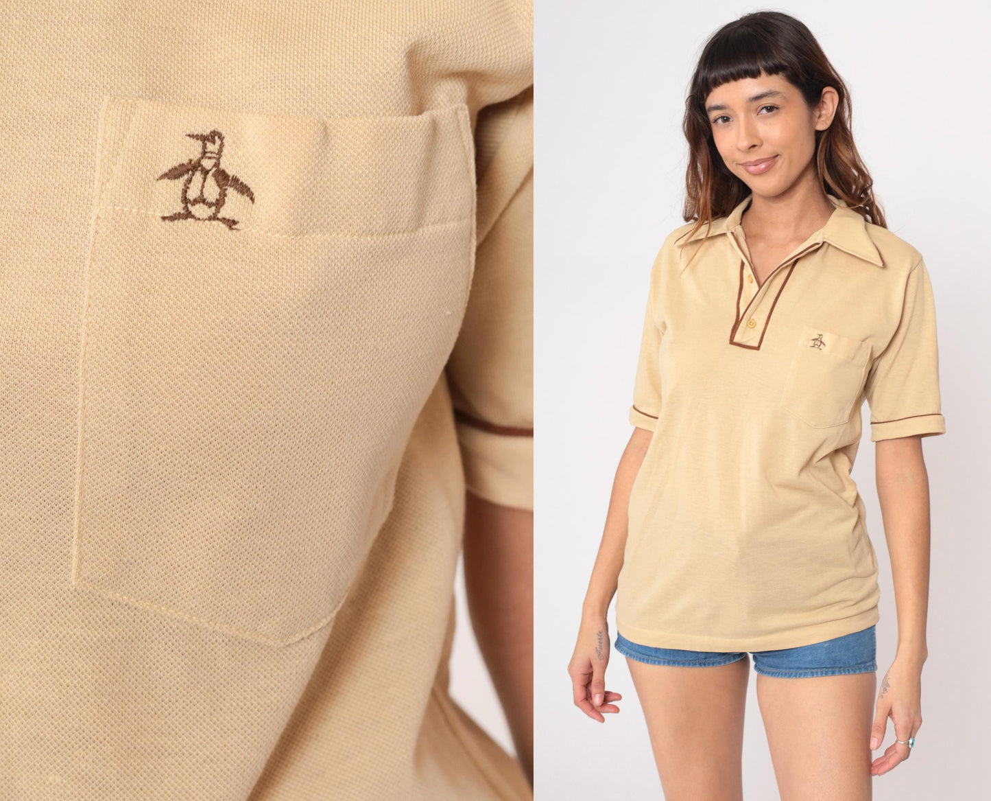 80s Grand Slam Munsingwear Polo Shirt Pale Yellow Brown Piping Medium